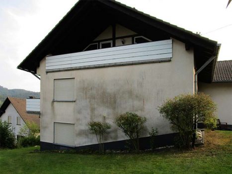 Eine Hausfassade mit starkem Algenbefall